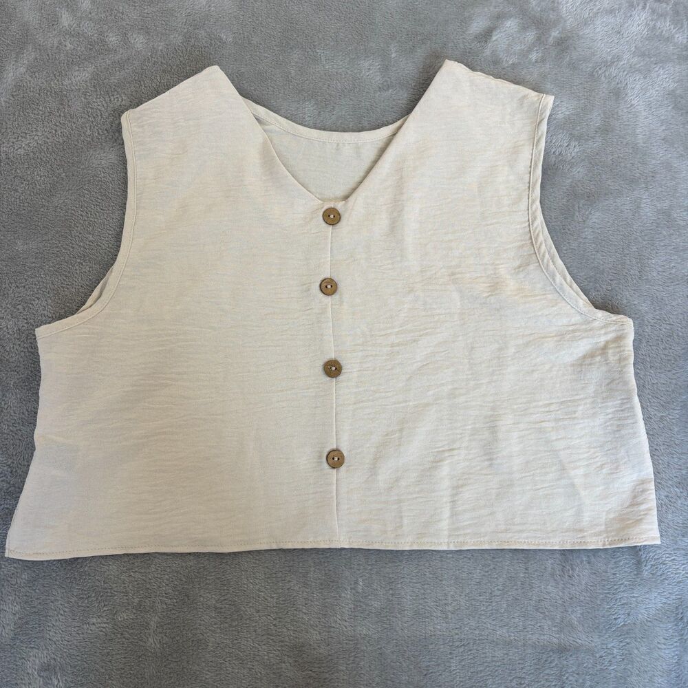 Sleeveless Button Front Cropped Top Womens Small Beige Minimalist Casual